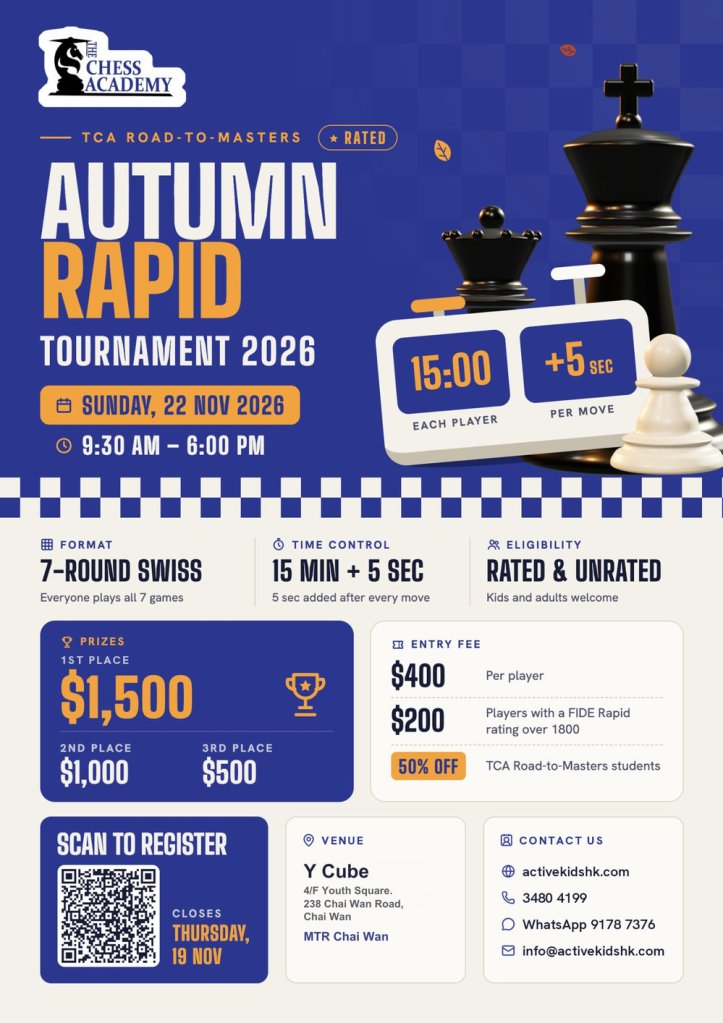 Poster for The Chess Academy Road-to-Masters Autumn Rapid Tournament 2026